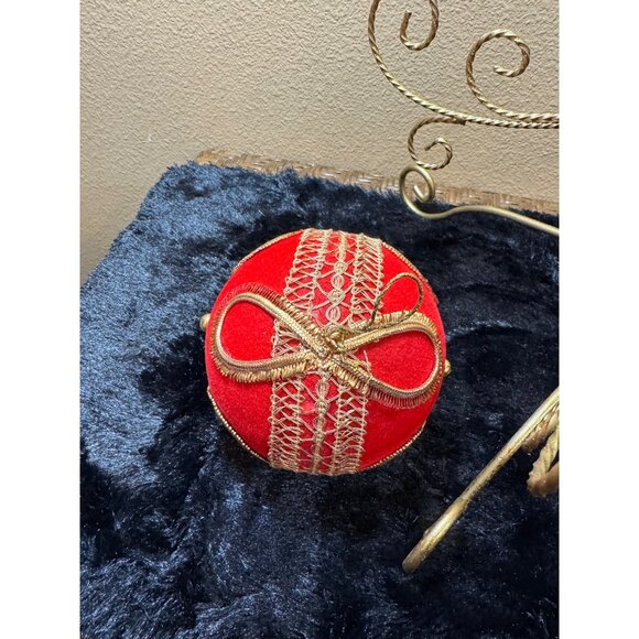 Vintage West Germany Koestel Christmas Ornaments 5 " BALL Red Velvet Gold - Picture 8 of 11